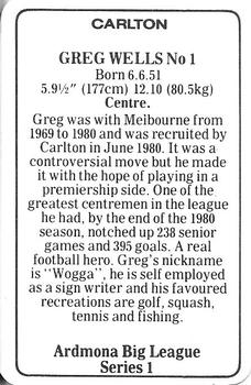 1981 Ardmona Big League Series 1 Carlton Blues (VFL) #NNO Greg Wells Back